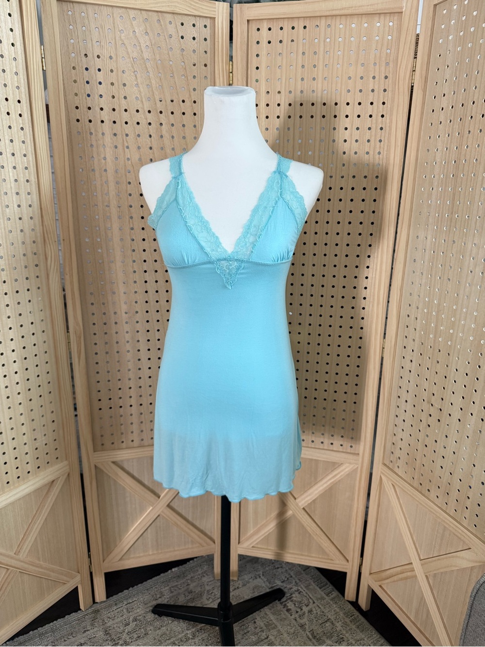 Light Aqua Lace-Trim Chemise with V-Neck